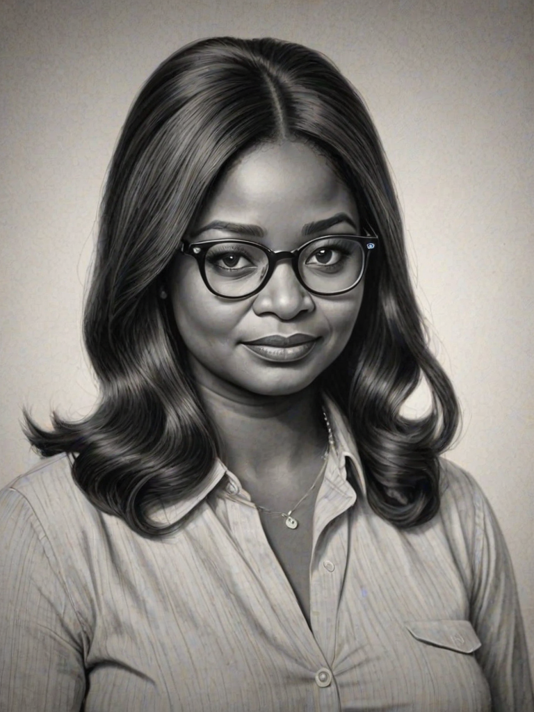 Exquisite Octavia Spencer, pencil sketch, portrait of Exquisite woman 1968s in glasses, hair style beatnik, outline, clear lines, fine lines, 8k