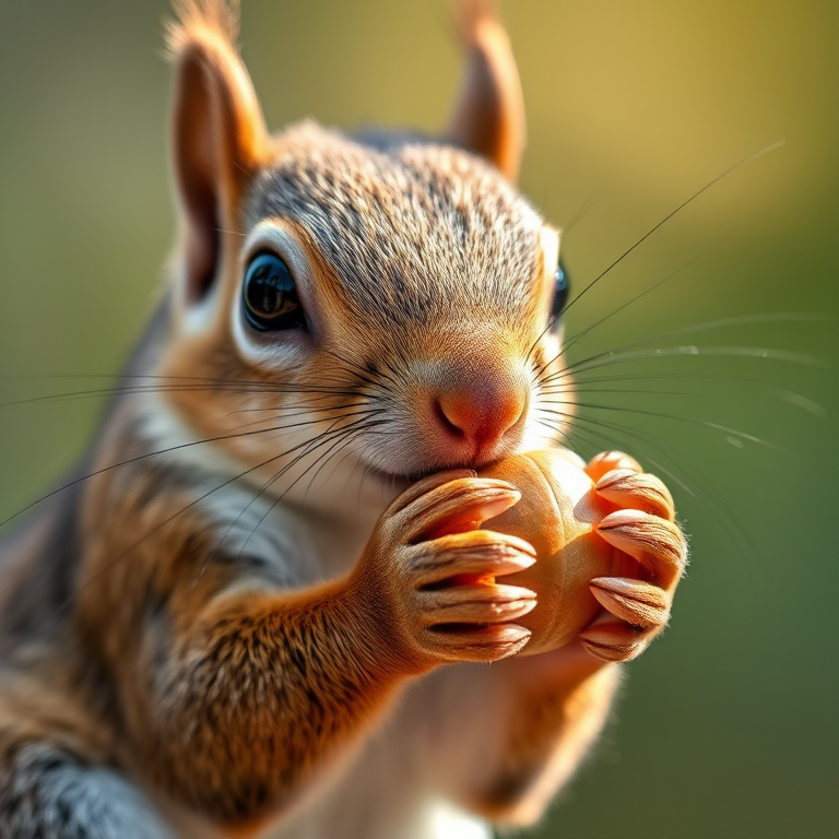 Close-up of a squirrel holding a nut, shallow depth of field, f/2.8 aperture, 50mm lens, ISO 100, natural sunlight, soft focus background, high-resolution image.