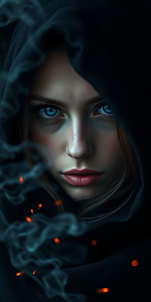 portrait of a mysterious woman with blue eyes and a dark hood, surrounded by swirling smoke and faint sparks of fire, shot with a Canon EOS R5, 50mm f/1.2 lens, natural light, shallow depth of field