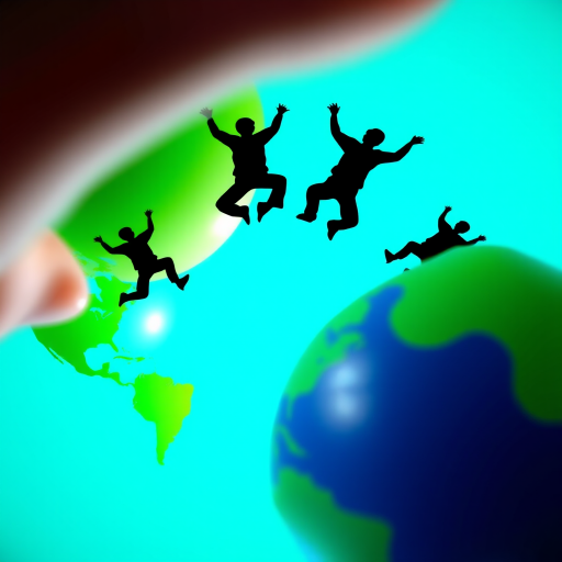 Create an illustration of multiple silhouetted figures jumping between stylized green and blue globes representing Earth, set against a bright turquoise background, with a soft focus effect to enhance depth, using a DSLR camera with f/8 aperture, 50mm lens, and a slight fish-eye perspective for a dynamic view.