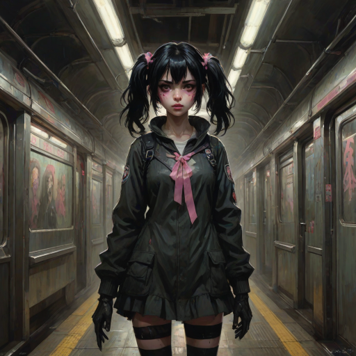 Darkness, horror, creepy, Impressionist Anime painting, metro 2033, disease, mine - type, mass - produced type, cross, slanted eyes, thick coating, twintails, ribbon, black hair, pink eyes, on metro station interior, horror movie atmosphere, dramatic light atmosphere, by Malcolm Liepke, Casey Baugh, jujin ito, and Nick Alm