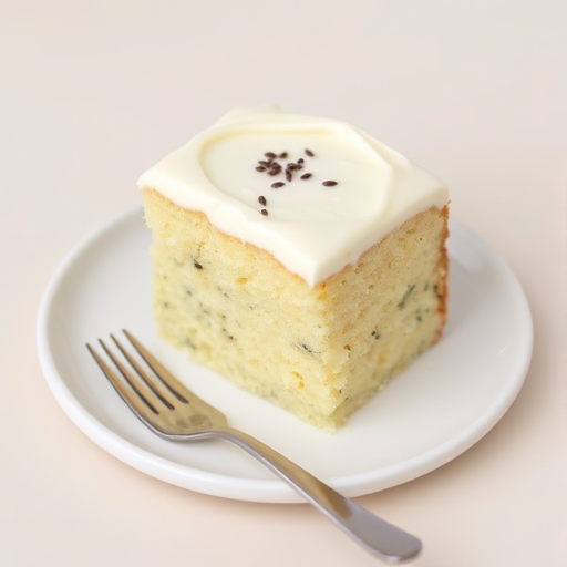 A slice of moist vanilla cake with poppy seeds topped with creamy white frosting served on a round white plate with a silver fork resting beside it. The background is a soft, light-colored surface that enhances the cake's texture and color.