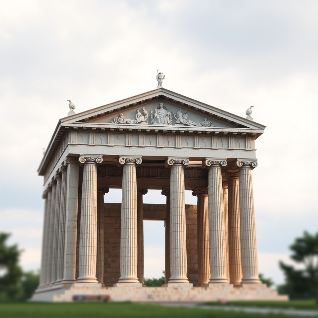 Generate an artistic rendering of a classical Greek temple with detailed columns and a triangular pediment, captured in high resolution using a DSLR camera at f/8 aperture, ISO 100, 50mm lens, and a soft focus background to enhance depth.