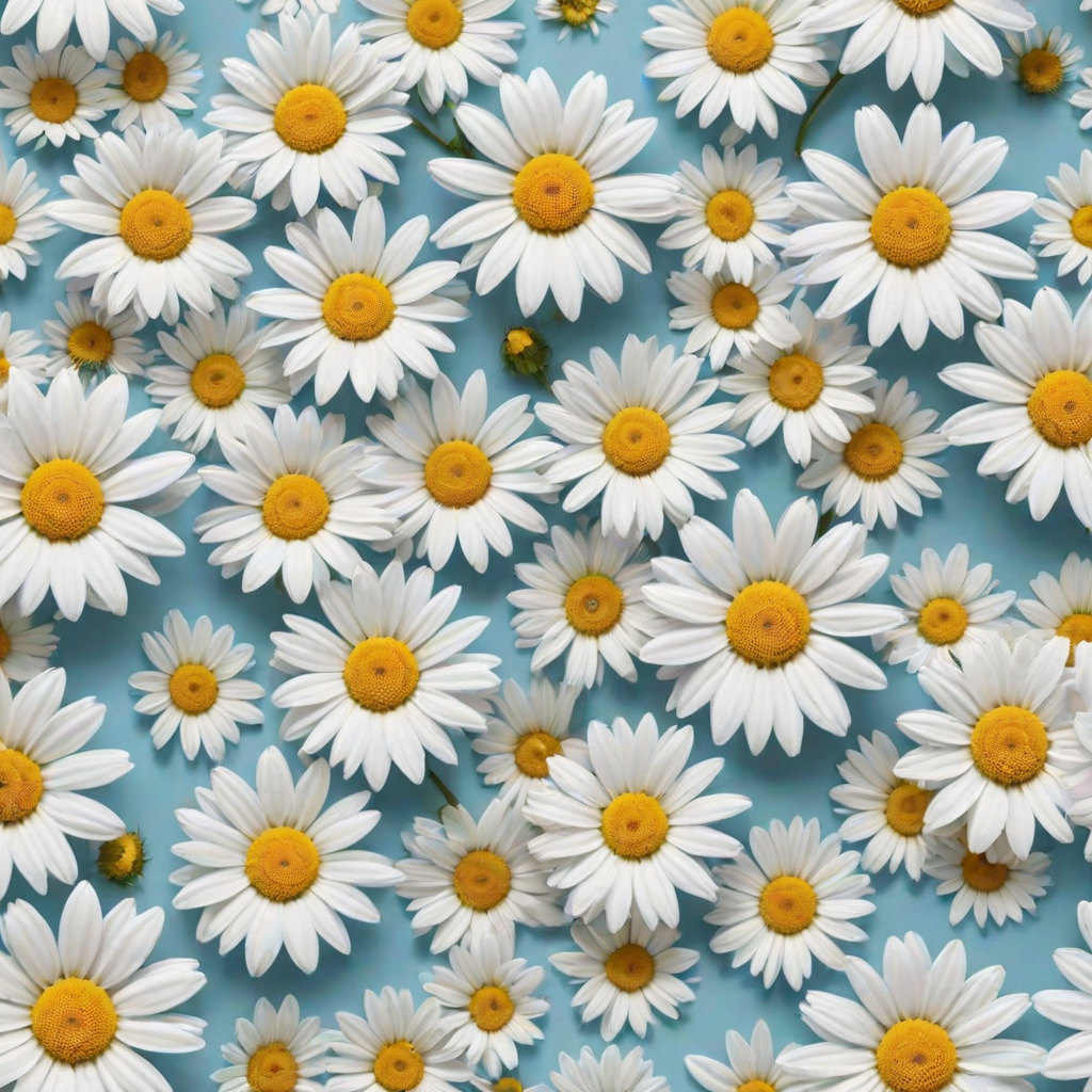 Create a seamless pattern featuring a light blue background filled with white daisies. Each daisy should have a bright yellow center and a simple, clean design. The flowers should be evenly spaced, creating a harmonious and cheerful floral pattern.