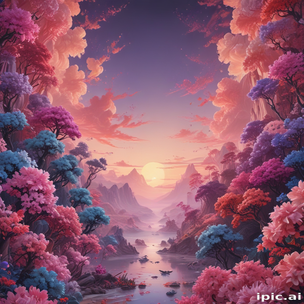 Serene Sunset Over a Vibrant Fantasy Landscape with Lush Trees