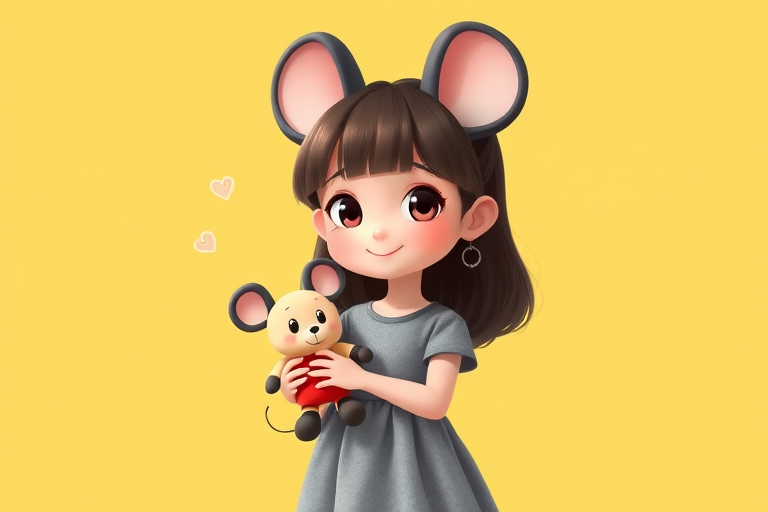 create a digital illustration of a cartoon girl with mouse ears wearing a gray dress holding a doll, bright yellow background, 50mm lens, f/2.8 aperture, soft natural lighting, high-resolution digital art style