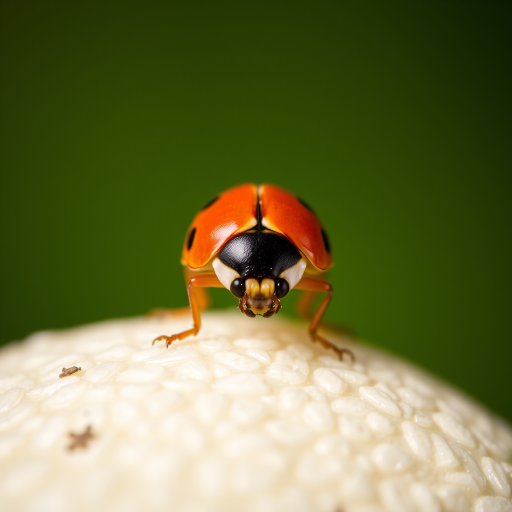 Macro shot of a ladybug centered on a textured light background, shallow depth of field, f/2.8 aperture, 100mm macro lens, ISO 200, natural soft lighting, high detail and vibrant colors.