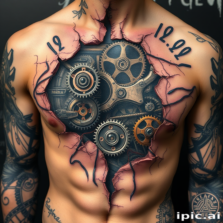 Biomechanical tattoo revealing intricate mechanical components beneath torn skin, hyper-realistic details of gears and wires, fusion of organic and industrial elements for a sci-fi inspired look