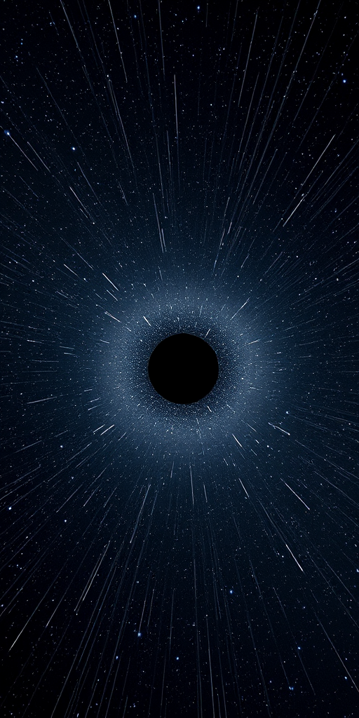 Create an image of a deep space scene filled with stars, featuring a central black void surrounded by streaks of light, captured with a DSLR camera at f/2.8 aperture, ISO 3200, 30-second exposure, wide-angle lens, and set to a low light photography style.