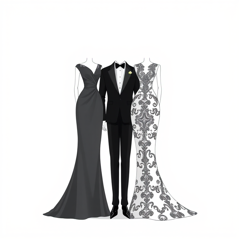 Create a high-resolution illustration of two elegant dresses and a tuxedo standing side by side, showcasing intricate patterns on the dresses with a classic black and white theme, soft diffused lighting, shallow depth of field, 50mm lens, f/1.8 aperture, captured with a digital DSLR camera.