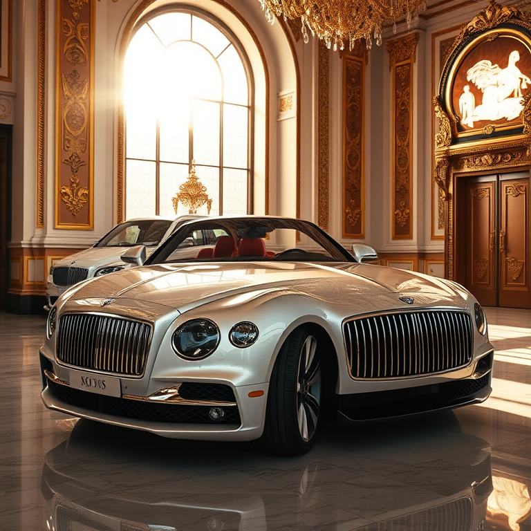 High-resolution image of a luxury car parked in an opulent, well-lit room with intricate gold details, soft sunlight streaming through large windows, ISO 200, f/8, 1/60s, wide-angle view, DSLR style.
