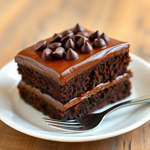 A slice of rich chocolate cake with smooth chocolate frosting topped with chocolate chips on a white plate with a fork beside it. The cake has layers and a moist texture, placed on a wooden table.