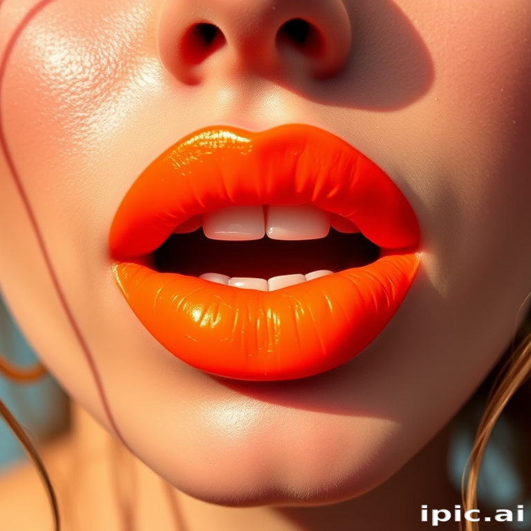 Bright neon orange lips with a semi-matte finish, exuding energy and vibrancy, perfect for a retro-inspired summer festival look