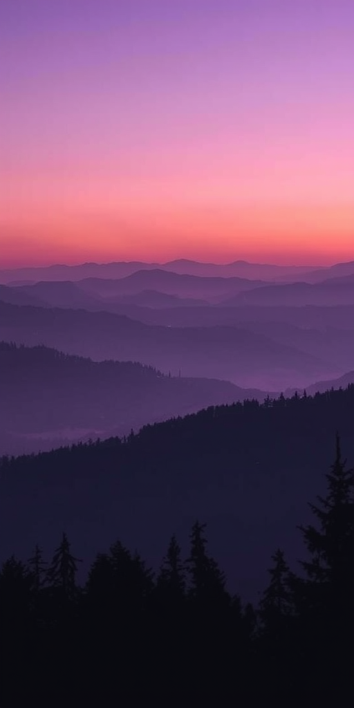 create a serene mountain landscape with layers of purple hues, soft fog, and silhouette trees in the foreground, captured at dawn using a DSLR camera with a 50mm lens, aperture f/1.8, ISO 100, and a shallow depth of field for a dreamy effect.