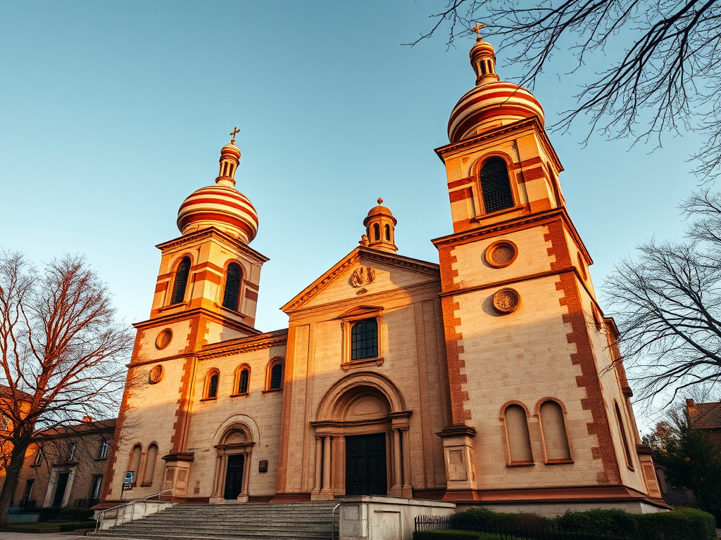 high-resolution image of a historic church with striped towers and domes, taken with a DSLR camera at f/8 aperture, ISO 100, 1/200 sec shutter speed, golden hour lighting, from a low-angle view to emphasize the architectural details, in landscape orientation