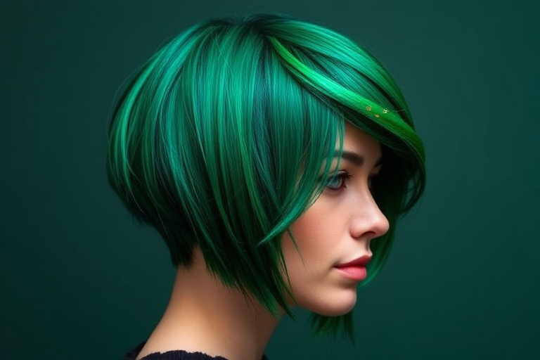 Striking emerald green bob with asymmetrical layers, designed by Jade Evergreen, boasting a sleek shine and subtle blue undertones, accented with hand-painted gold leaf patterns along the edges