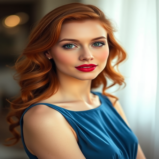 portrait of a woman with wavy red hair and red lips wearing a blue dress, soft focus background, natural light, f/1.8 aperture, ISO 100, 85mm lens, shallow depth of field, classic portrait photography style, taken with a DSLR camera