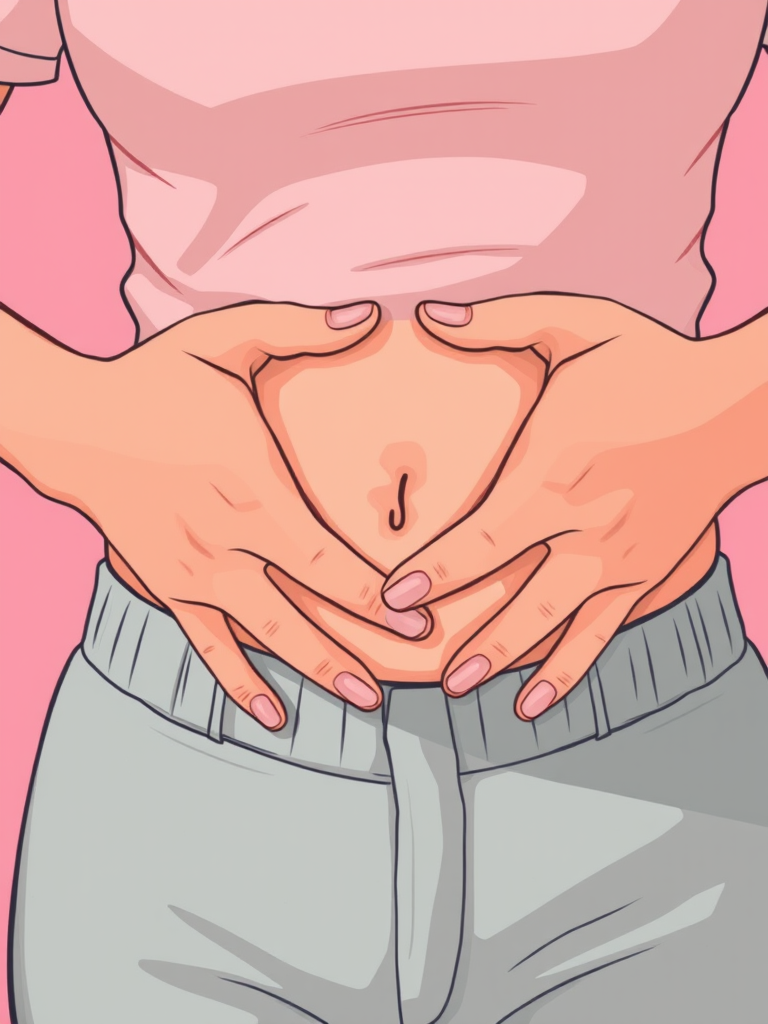 Illustrate a close-up view of a person's hands gently pressing on their stomach, with a soft pink background, using a digital art style; camera settings: ISO 100, f/4, 1/60s; camera view: close-up; camera style: soft focus; camera type: digital illustration.