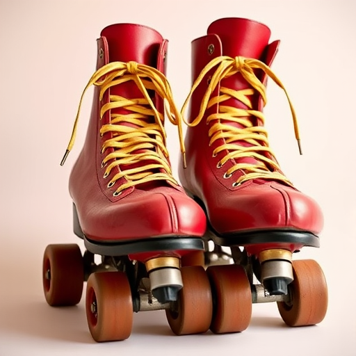 A pair of vintage red roller skates with gold laces on a plain background, captured using a DSLR camera with a 50mm lens, aperture f/1.8, ISO 100, and a low angle view to enhance details and depth.