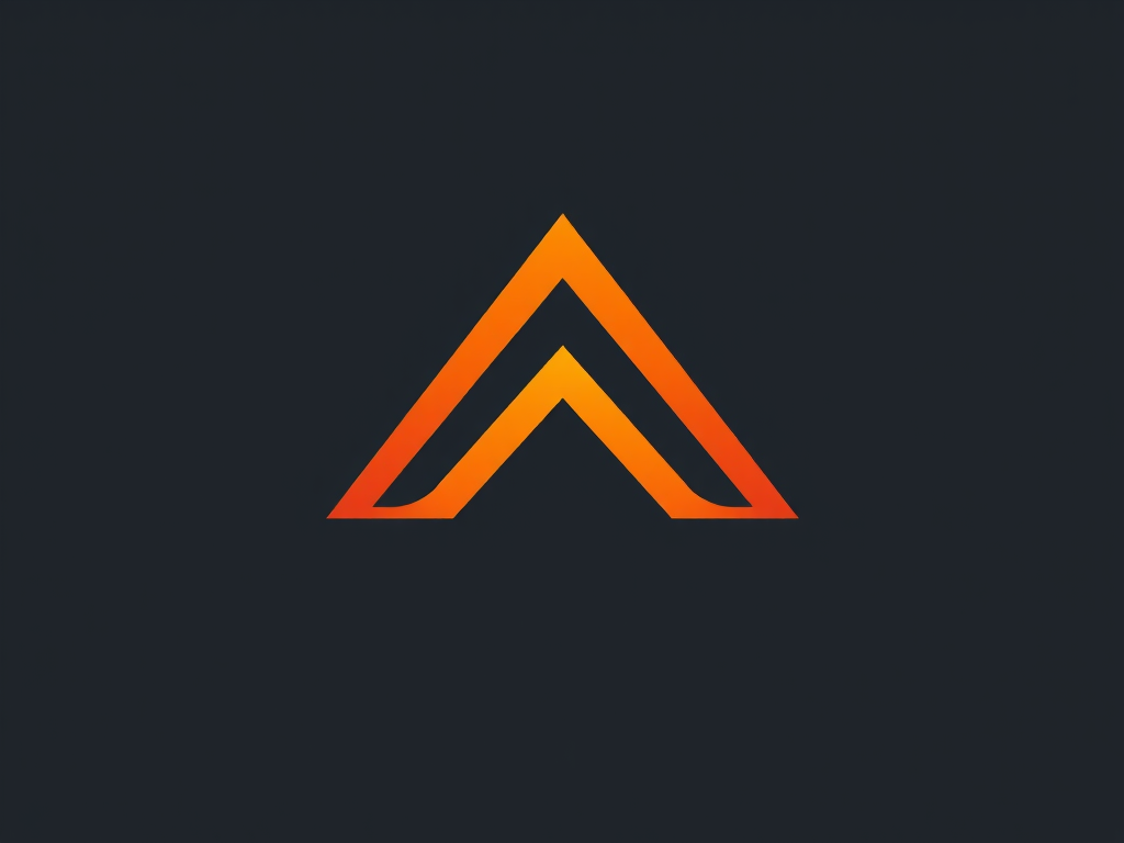 Create a minimalist logo featuring a stylized triangular arrow in shades of orange and yellow, captured with a DSLR camera at f/5.6, ISO 100, 1/125s, using a macro lens for sharp detail and vibrant color contrast.