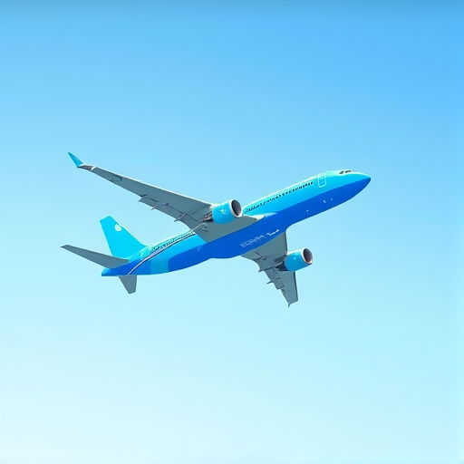 create a vibrant and modern illustration of a blue airplane in flight with a clean design and clear lines, using a Canon EOS R5 with a 24-70mm f/2.8 lens, aperture set to f/8 for depth of field, ISO 100 for clarity, and shot from a slightly elevated angle to emphasize the airplane's profile, ensuring high-quality resolution for a tourism advertisement.