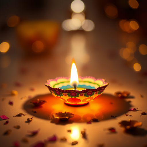 a beautifully lit diya with vibrant colors and intricate designs, placed on a softly glowing surface with scattered decorative elements, captured in shallow depth of field, 50mm lens, f/2.8 aperture, ISO 100, warm lighting, DSLR camera, macro view for enhanced detail