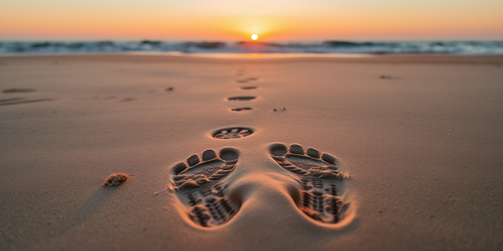 Create a high-resolution image of a pair of footprints on a sandy beach during sunset, with a DSLR camera set to f/8 aperture, 1/250 shutter speed, ISO 100, front view, and soft lighting to enhance texture and detail.