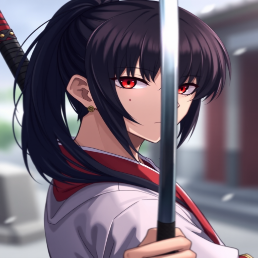 i want the whole image to be created in 3D anime style, solo, long hair, looking at viewer, black hair, red eyes, 1boy, jewelry, closed mouth, upper body, ponytail, weapon, male focus, earrings, outdoors, japanese clothes, sword, kimono, mole, blurry, blurry background, scar, katana, scar on face, haori