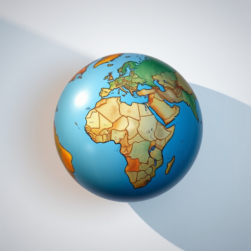 Create a detailed illustration of a globe with a focus on Europe and Africa, with a smooth gradient background, using a DSLR camera at f/8 aperture, ISO 100, 24mm focal length, in a flat lay perspective with soft natural lighting.