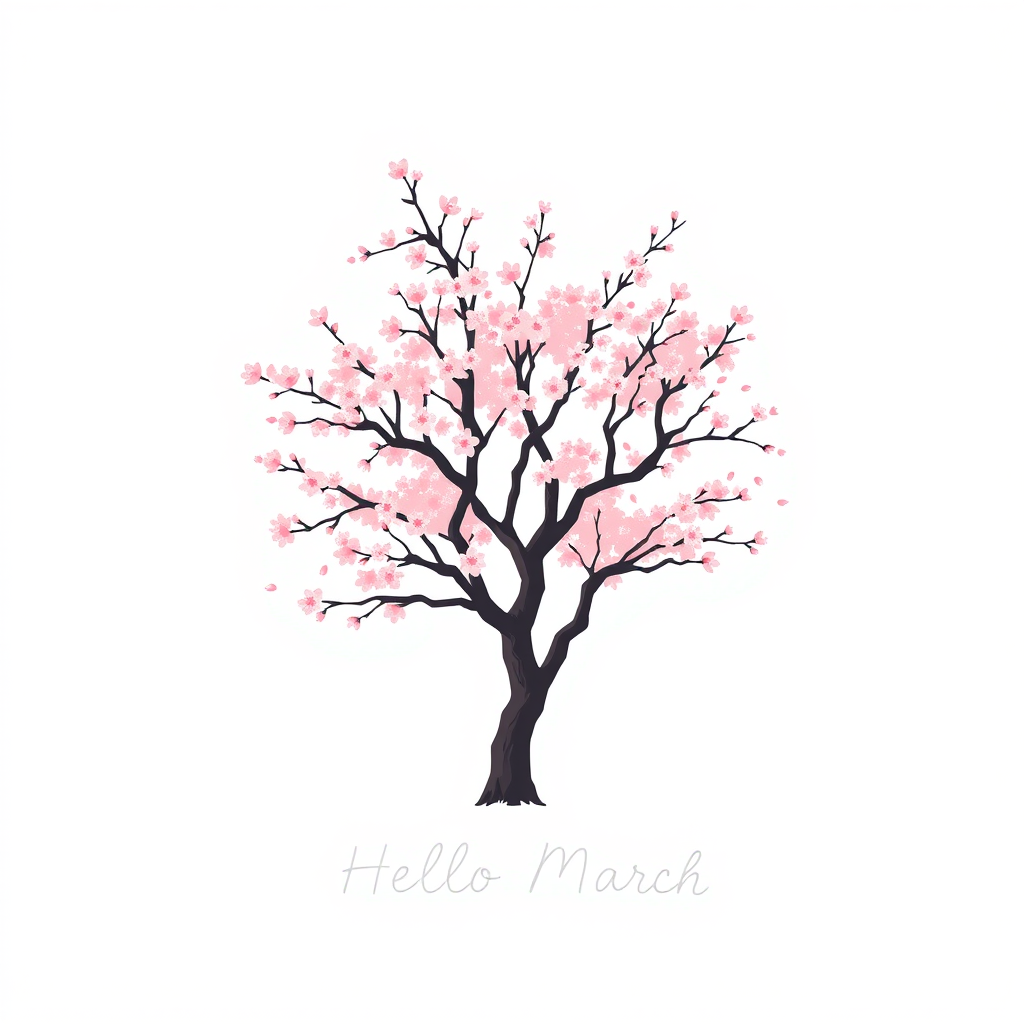 Create a minimalist illustration featuring a pink cherry blossom tree with a white background, accompanied by the text "Hello March" in a stylish font.