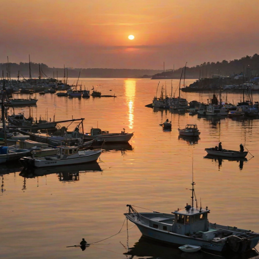 Bustling fishing harbor at sunrise, fishermen preparing their boats, gulls soaring overhead, and the warm glow of the sun reflecting off the water, creating a picturesque morning scene.