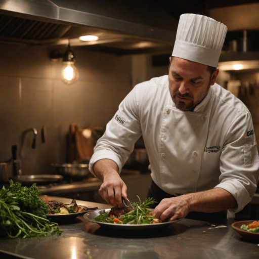 Sharp, detailed photo of a chef carefully plating a gourmet dish in a dimly lit kitchen, soft glow from the overhead lights illuminating their concentration, the smell of fresh herbs and sizzling food in the air.