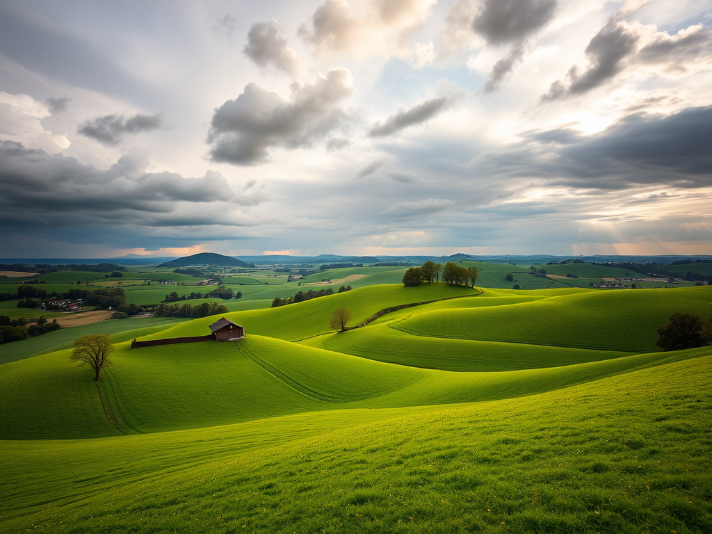 landscape of rolling green hills with scattered farms under a dramatic cloudy sky, early evening light, captured with a Canon EOS R5, lens 24-70mm f/2.8, aperture f/8, ISO 100, shutter speed 1/125s, shot from a elevated viewpoint for a panoramic effect