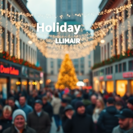 Soft-focus image of a bustling city square during the holiday season, with twinkling lights strung across buildings, softly blurred crowds enjoying the festivities.
