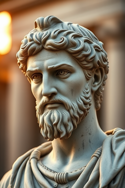Create a detailed image of a Roman statue of Julius Caesar, outdoors during golden hour, with soft natural lighting, focusing on intricate details and textures, using a DSLR camera with a 50mm lens, aperture set to f/1.8, ISO 100, and a shallow depth of field for a creamy background blur.