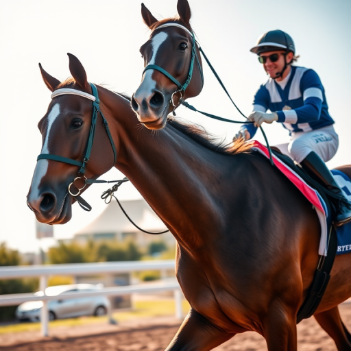 Photograph a racehorse and rider in a sunny outdoor setting, with a shallow depth of field, f/2.8 aperture, ISO 100, 1/1000s shutter speed, using a DSLR camera with a 50mm lens, captured from a low angle at a slight upwards tilt to emphasize movement and detail.