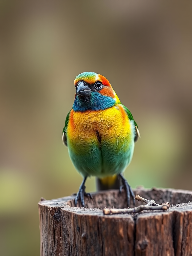 Close-up of a colorful bird perched on a wooden stump, softly blurred natural background, 50mm lens, f/2.8 aperture, ISO 100, shutter speed 1/200s, DSLR camera, natural light.