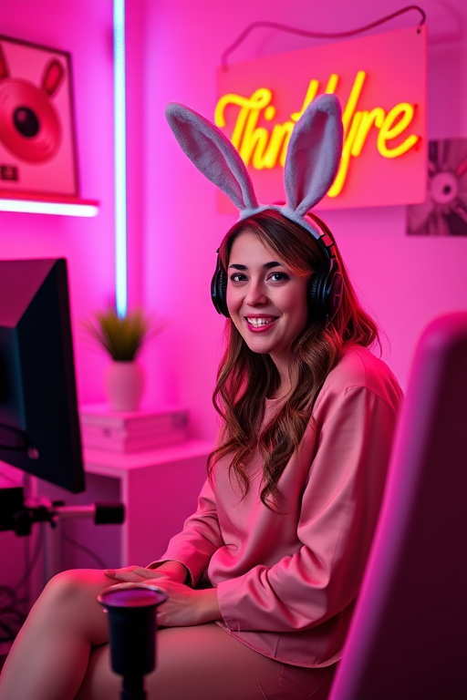 A twitch streamer woman talking to the camera on her streaming setup sitting in a cute neon lit pink streamer room and wearing bunny ears. The orange neon sign in the background reads
