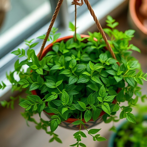 Regenerate a lush green hanging plant in a decorative pot, captured with a Canon EOS 5D Mark IV, 50mm lens, aperture f/2.8, ISO 100, natural lighting, top-down view, with a focus on vibrant foliage and detailed textures.