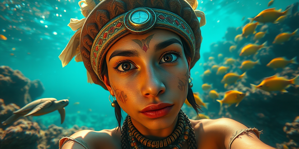 Realistic selfie image of a Aztec, wearing a vintage outfit, detailed dreamy eyes, droopy hooded eyes, staring at the camera, taken underwater at coral reef with a sunbeam filtering through the water, vibrant, summer vacation, natural lighting, turtle and school of tropical fish with vibrant colors, rendered in the style of CryEngine, Pegi Nicol MacLeod, with realistic genre scenes, hauntingly beautiful narratives, ultra-realism, and Thomas Saliot's close-up technique, 8K resolution, crystal clear and sparkling water.
