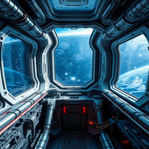 Create a high-resolution image of a futuristic space station interior with intricate metallic structures, deep space visible through large windows, using a wide-angle lens at f/2.8, ISO 200, and a 24mm focal length, shot in a digital SLR style.