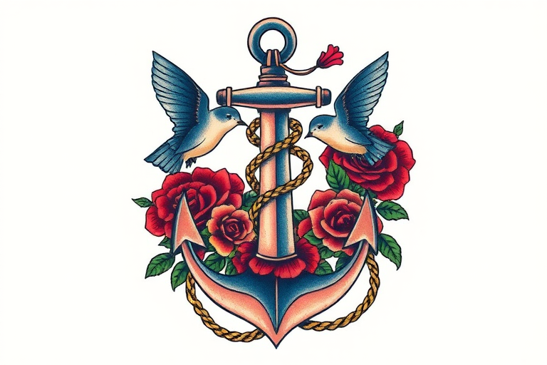 Neo-traditional tattoo named "Nautical Nostalgia" featuring a vibrant anchor entwined with roses, swallows, and nautical ropes, using bold outlines and a rich color palette of navy, crimson, and forest green