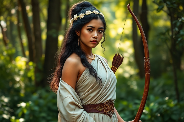 Create a portrait of a goddess-like Maori girl figure in a tranquil, forested environment. She has an elegant appearance with long, wavy hair styled in an updo and adorned with a delicate, floral headband. She wears a flowing, ancient Greek-inspired gown in a soft, pale color, featuring a one-shoulder design and draped fabric that accentuates her graceful form. The outfit includes a decorative belt with ornate gold detailing, and she holds a bow in her hand, with a quiver of arrows slung over her shoulder. The background depicts lush greenery, with sunlight filtering through the trees, casting a gentle, ethereal light on the scene. Her expression is calm and contemplative, embodying a sense of wisdom and serenity.