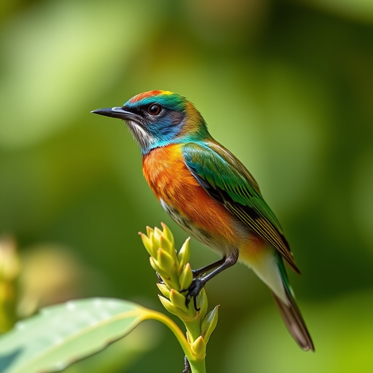 Capture a close-up shot of a colorful bird perched on a green plant in a soft-focus background, using a DSLR camera with a 85mm lens at f/2.8, shutter speed 1/2000s, ISO 200, natural lighting, and a shallow depth of field for enhanced clarity.