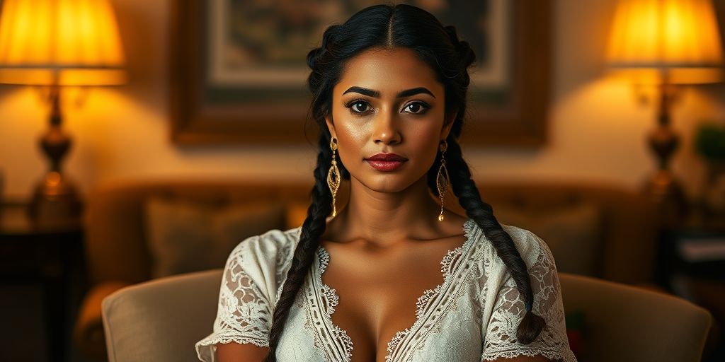 Create a portrait of a refined and elegant Cambodian woman seated in a sophisticated setting. She has long, wavy hair styled in two thick braids that are pulled over her shoulders. She wears a white, lace gown with intricate patterns, featuring a deep V-neckline and short sleeves. The dress exudes a vintage charm with its delicate lacework. She is adorned with ornate, dangling earrings that add a touch of glamour to her appearance. The background is softly lit, with warm, ambient lighting that creates a cozy and inviting atmosphere. Her expression is poised and serene, capturing a sense of grace and elegance.
