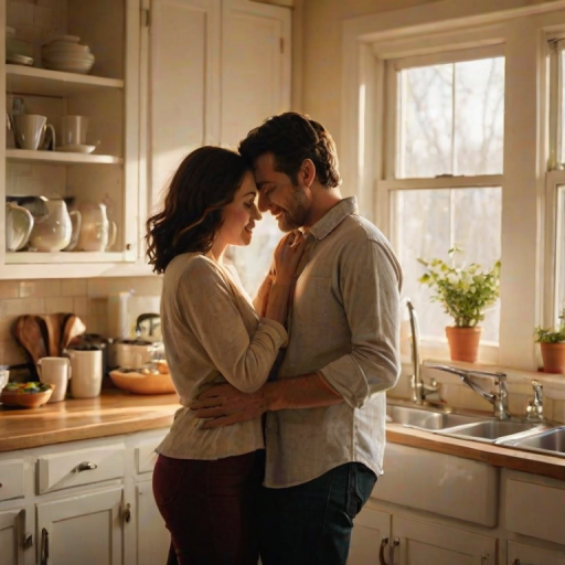 Warm, softly lit image of a couple slow dancing in their kitchen at dawn, soft morning light filtering through the window, with dishes and coffee cups scattered on the countertop and a peaceful atmosphere.