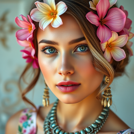 generate a highly detailed portrait of a woman with colorful flowers in her hair, soft pastel colors, and intricate jewelry, using a DSLR camera with a 50mm lens, f/1.8 aperture, ISO 100, and soft natural lighting to enhance image quality and depth.