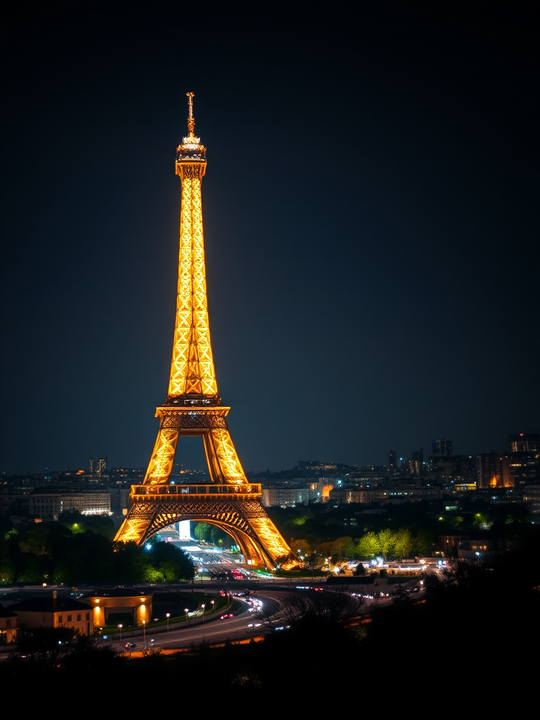 Regenerate the image of the Eiffel Tower illuminated at night in Paris with a high-resolution DSLR camera, 35mm lens, f/2.8 aperture, ISO 200, 1/60 sec shutter speed, using a wide-angle view to capture the skyline in a soft focus background with enhanced contrast and vibrant colors.