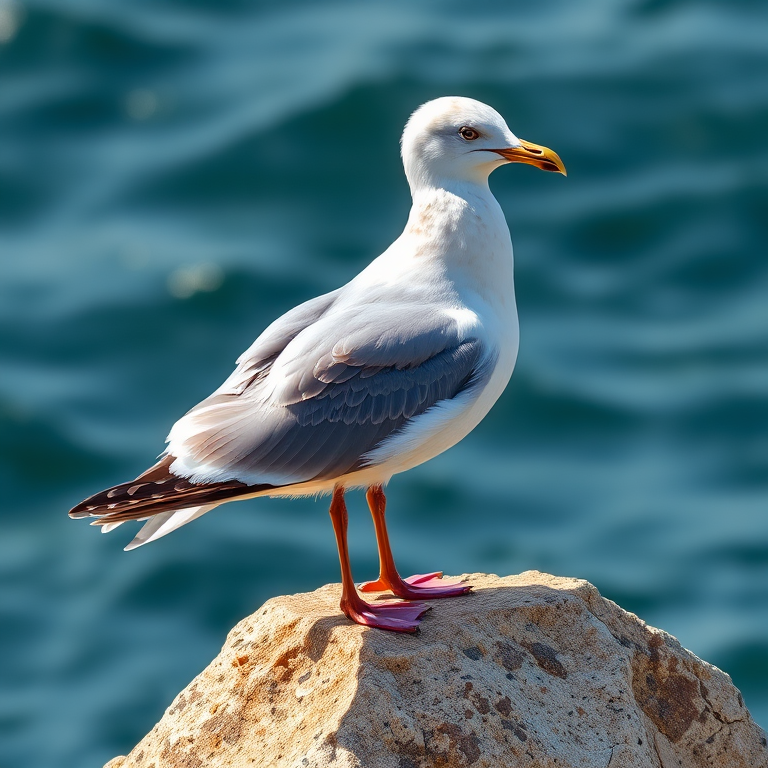 Create a highly detailed illustration of a seagull standing on a rock with intricate feather patterns, captured with a Canon EOS 5D Mark IV, 50mm lens, f/8 aperture, 1/125s shutter speed, ISO 100, in natural lighting for vivid colors and sharp detail.