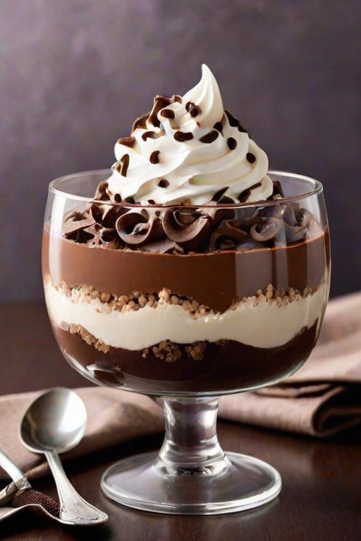 Create an image of a delicious chocolate dessert served in a glass bowl. The dessert should have multiple layers including chocolate mousse, whipped cream, and chocolate shavings. Decorate the top with swirls of cream and pieces of chocolate bars. The background should be dark to highlight the rich colors of the dessert. Include some chocolate pieces and a spoon beside the bowl for presentation.